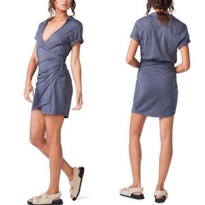 MONROW Shirred Waist Comfy Gray Jersey Stretch Wrap Mini Dress